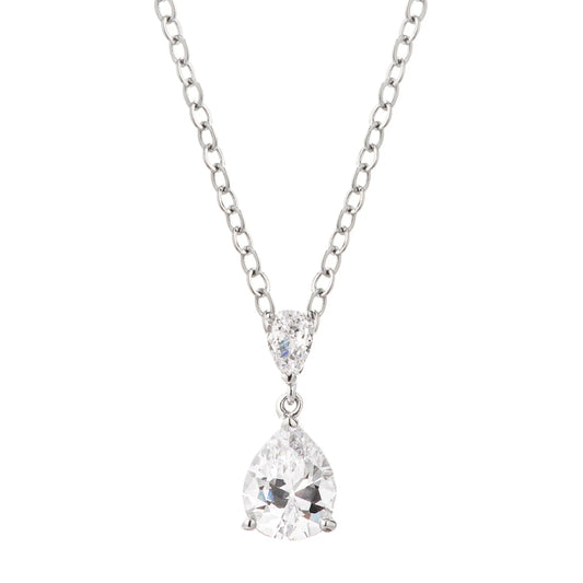 Rhodium Plated Double Pear CZ Drop Pendant Necklace